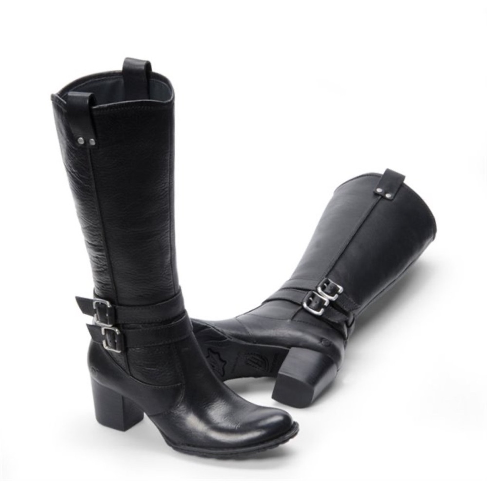 Born Lewisa knee high black stacked heel leather boots size 7